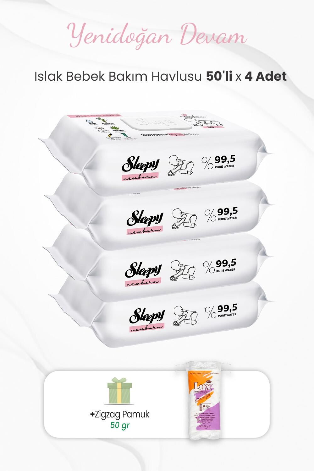 Sleepy Yenidoğan Bakım Havlusu 50'li x 4 Adet ve Zigzag Pamuk 50 gr