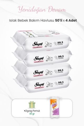 Sleepy Yenidoğan Bakım Havlusu 50'li x 4 Adet ve Zigzag Pamuk 50 gr