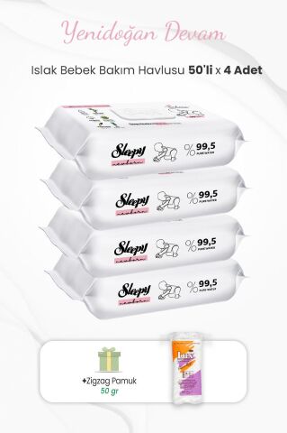 Sleepy Yenidoğan Bakım Havlusu 50'li x 4 Adet ve Zigzag Pamuk 50 gr