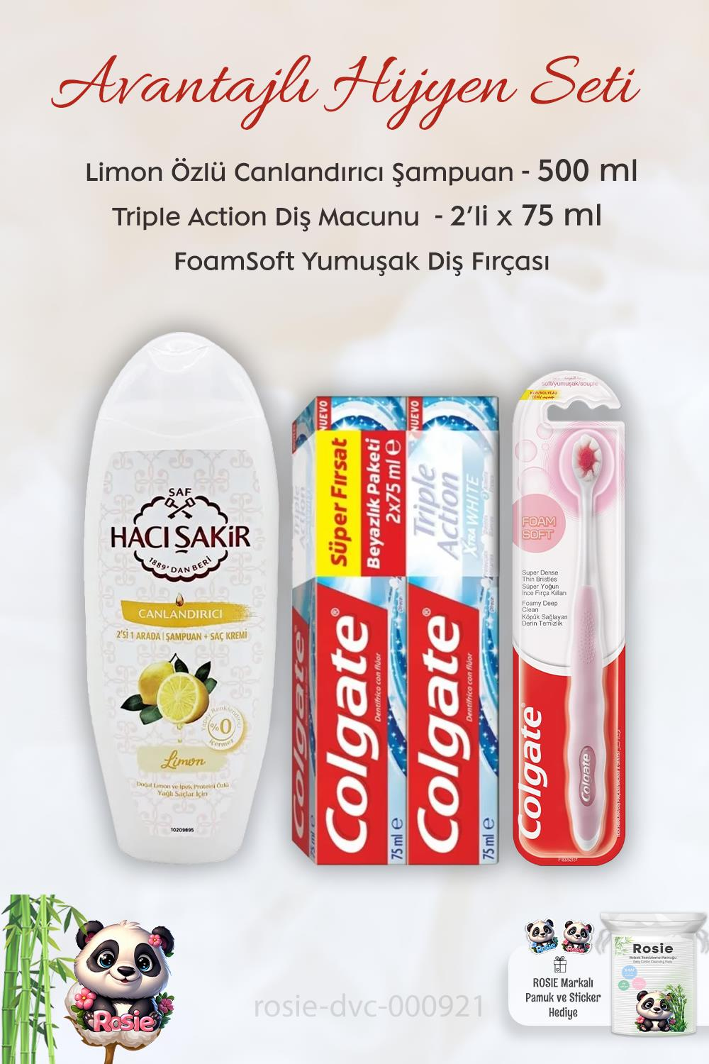 Colgate Extra White Diş Macunu 2 x 75 ml, FoamSoft Diş Fırçası, H.Şakir Limonlu Şampuan 500 ml