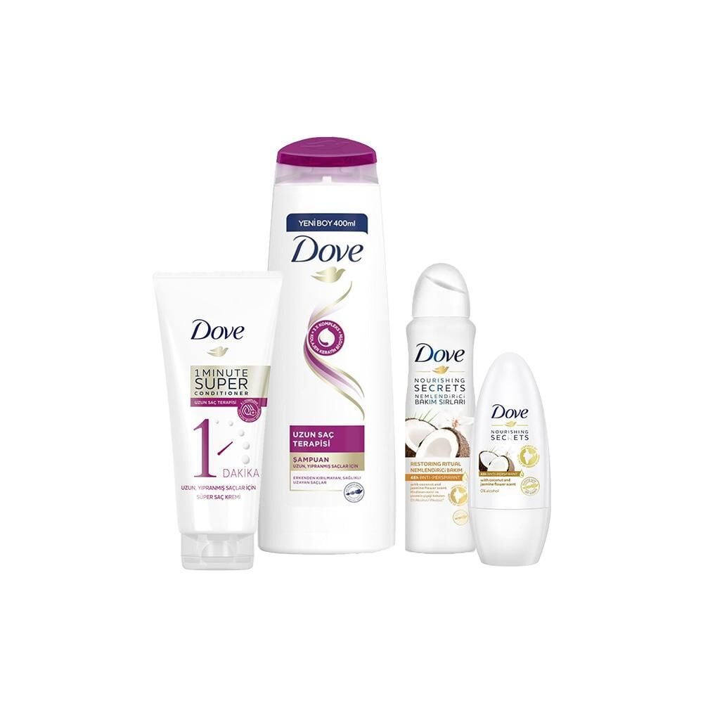 Dove Uzun Saç Terapisi Şampuan ve Saç Kremi, Hindistan Cevizi Roll-On ve Sprey Deodorant