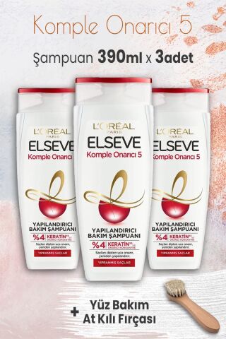 Elseve Komple Onarıcı 5 Yapılandırıcı Şampuan 390 ml x 3 Adet ve Yüz Bakım At Kılı Fırçası