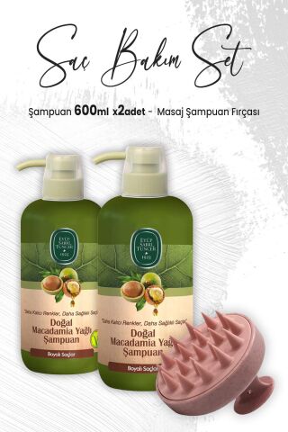 Eyüp Sabri Tuncer Doğal Macadamia Yağlı Şampuan 600 ml x 2 Adet ve Masaj Şampuan Fırçası Pembe