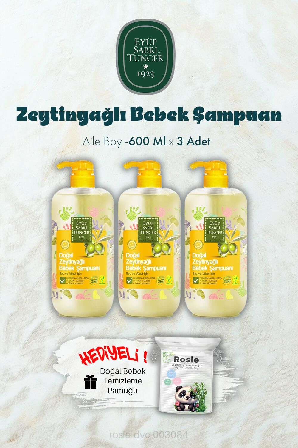 600 ML Zeytinyağlı Bebek Şampuan X 3 ve ROSIE Hediyeli