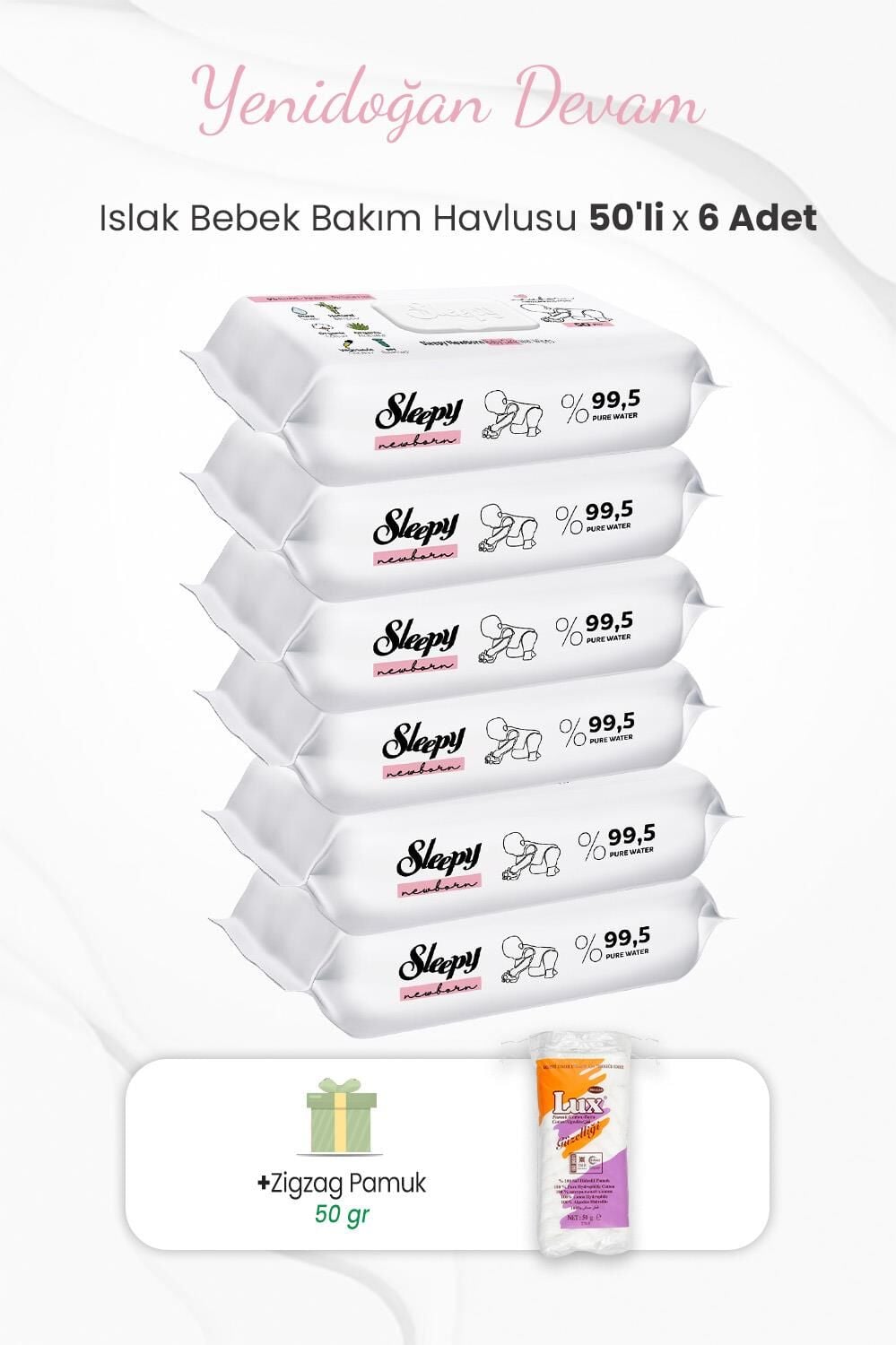 Sleepy Yenidoğan Bakım Havlusu 50'li x 6 Adet ve Zigzag Pamuk 50 gr