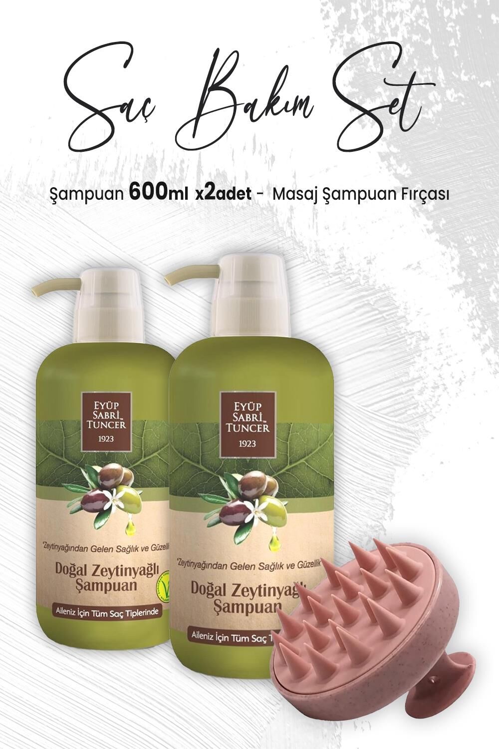 Eyüp Sabri Tuncer Zeytinyağlı Şampuan 600 ml x 2 Adet ve Masaj Şampuan Fırçası Pembe
