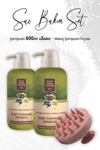 Eyüp Sabri Tuncer Zeytinyağlı Şampuan 600 ml x 2 Adet ve Masaj Şampuan Fırçası Pembe