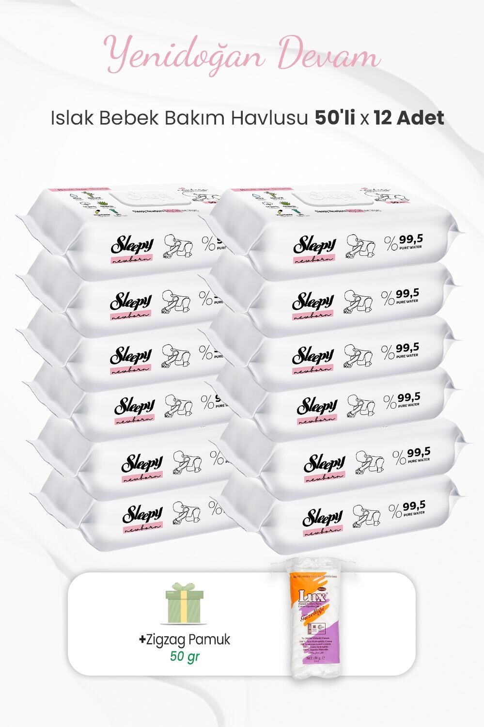 Sleepy Yenidoğan Bakım Havlusu 50'li x 12 Adet ve Zigzag Pamuk 50 gr