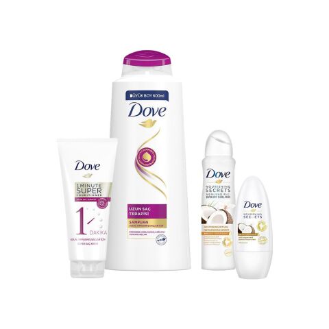 Dove Uzun Saç Terapisi Şampuan ve Saç Kremi, Hindistan Cevizi Roll-On ve Sprey Deodorant