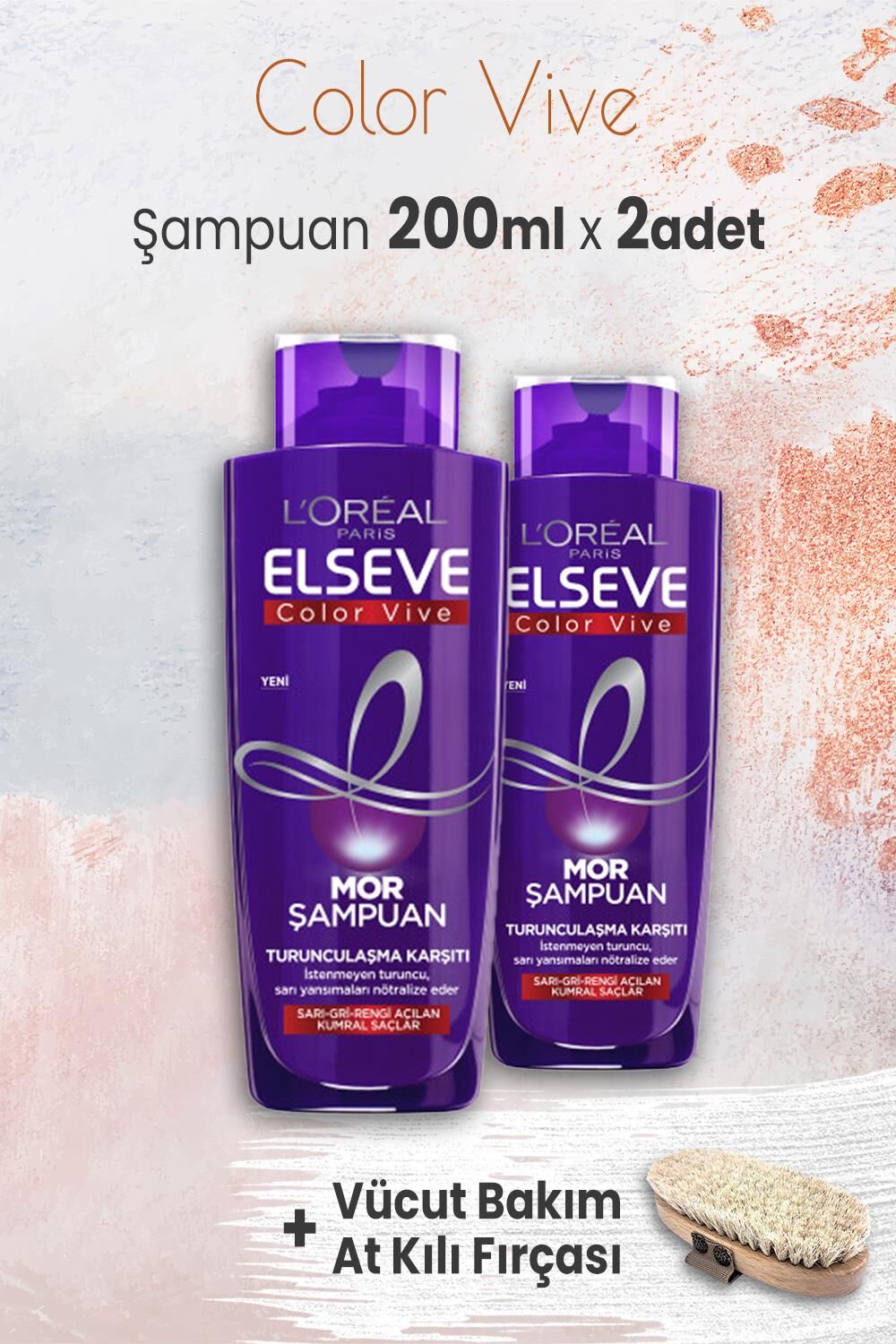 Elseve Color Vive Mor Şampuan 200 ml x 2 Adet ve Vücut Bakım At Kılı Fırçası
