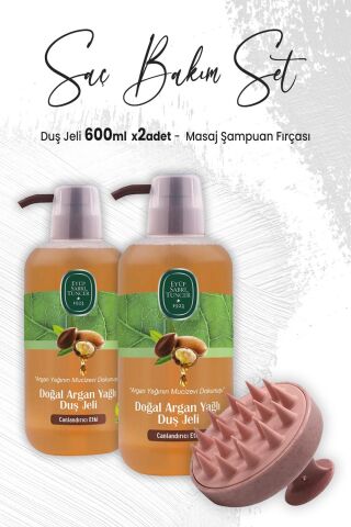 Eyüp Sabri Tuncer Doğal Argan Yağlı Duş Jeli 600 ml x 2 Adet ve Masaj Şampuan Fırçası Pembe