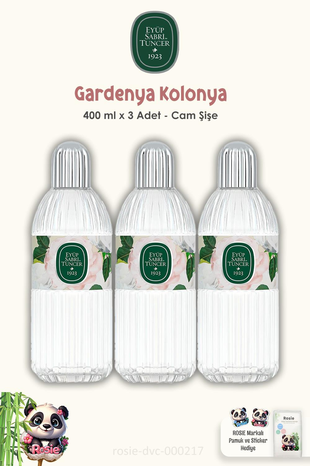 3'lü Eyüp Sabri Tuncer Gardenya Kolonyası Cam Şişe 400 ml ve ROSIE Pamuk 60'lı