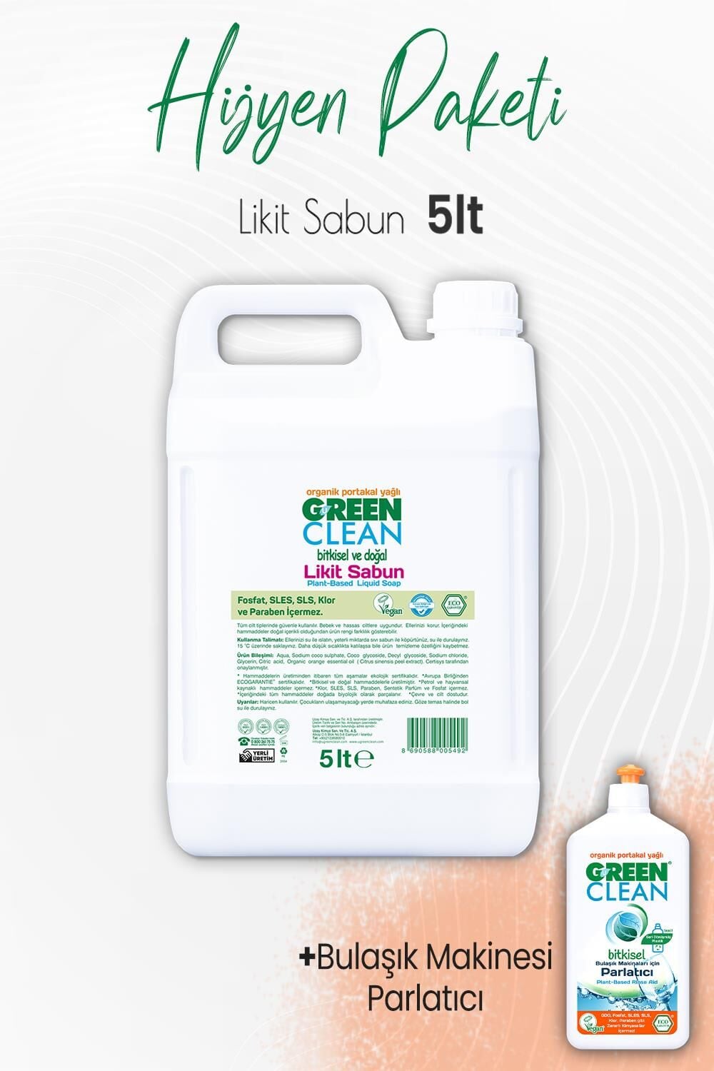 Green Clean Likit Sabun Portakal 5 lt ve Bulaşık Makinesi Parlatıcı Portakal 500 ml