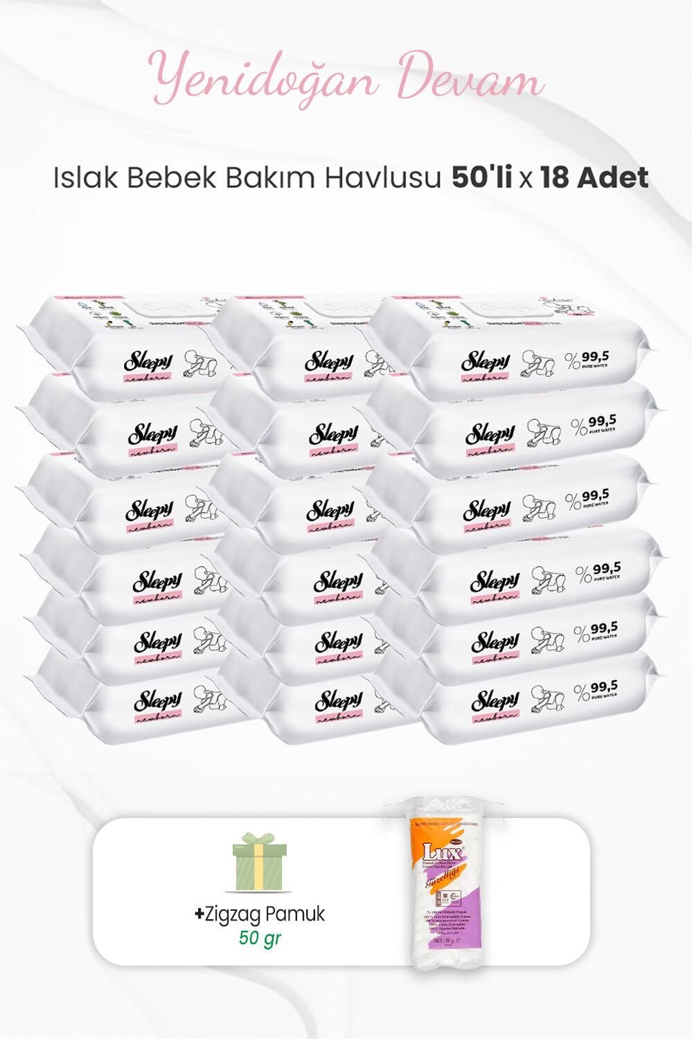 Sleepy Yenidoğan Bakım Havlusu 50'li x 18 Adet ve Zigzag Pamuk 50 gr