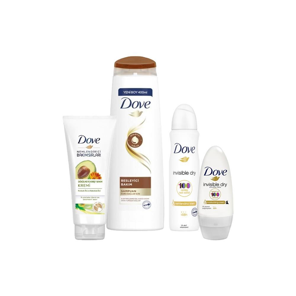 Dove Besleyici Bakım Şampuan, Nemlendirici Saç Kremi, Invisible Dry Roll-On ve Sprey Deodorant