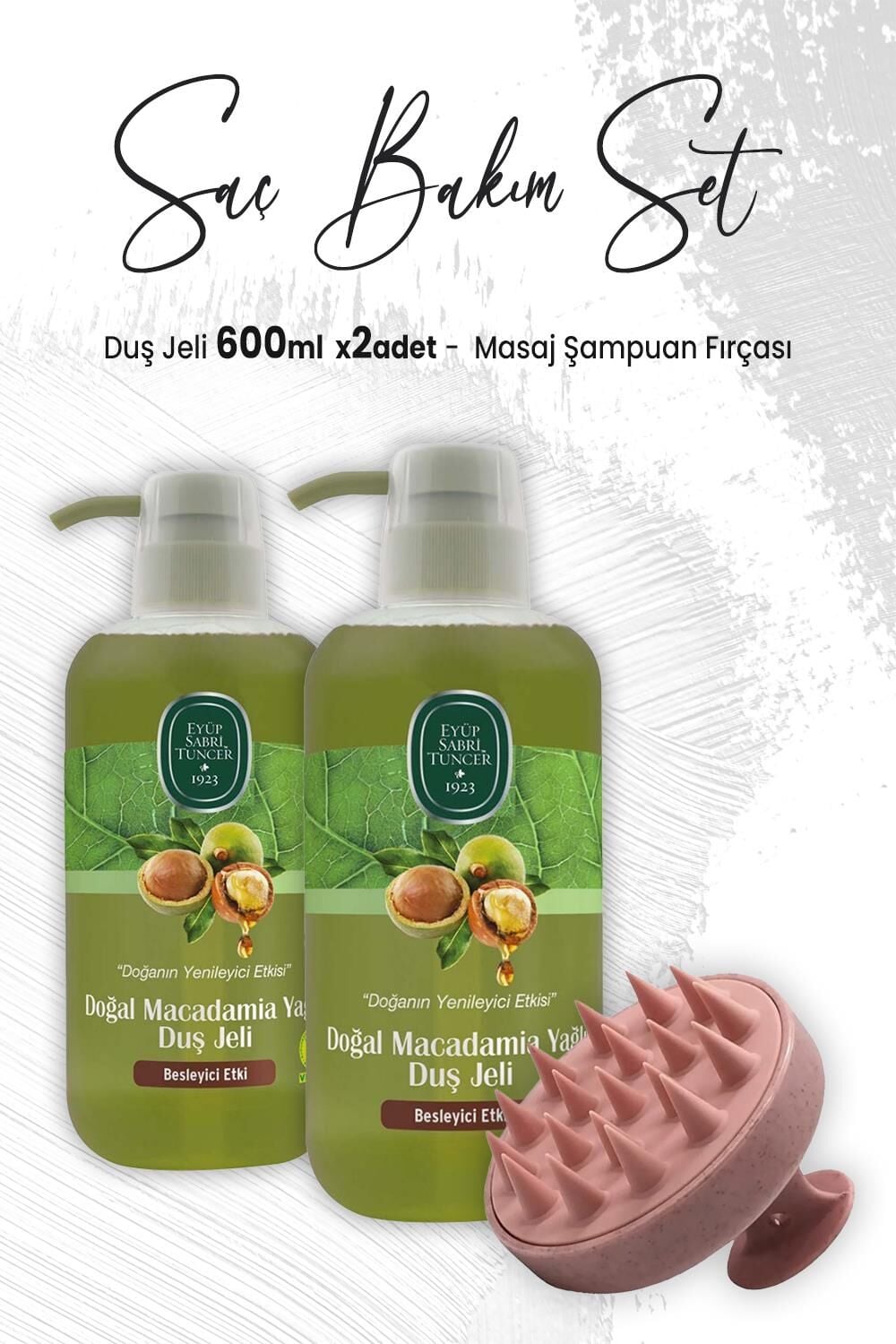 Eyüp Sabri Tuncer Macadamia Yağlı Duş Jeli 600 ml x 2 Adet ve Masaj Şampuan Fırçası Pembe