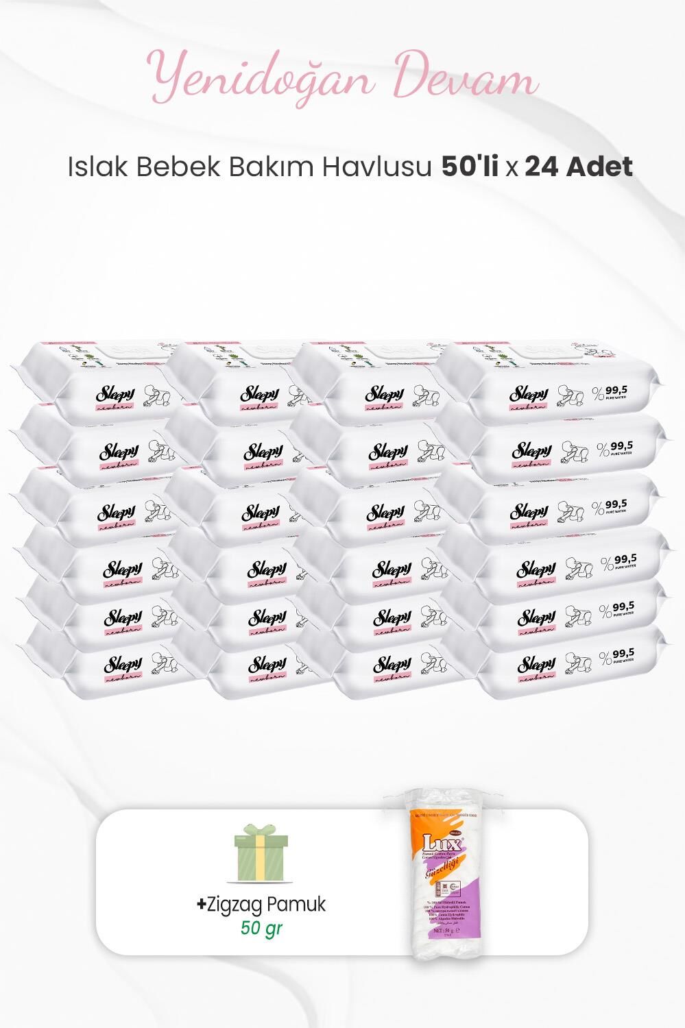 Sleepy Yenidoğan Bakım Havlusu 50'li x 24 Adet ve Zigzag Pamuk 50 gr