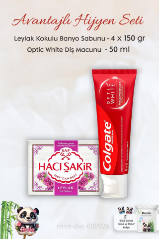 Colgate Optic White Parıldayan Beyazlık 50 ml,  H. Şakir Leylak Kokulu Banyo Sabunu 4 x 150 gr ve ROSIE