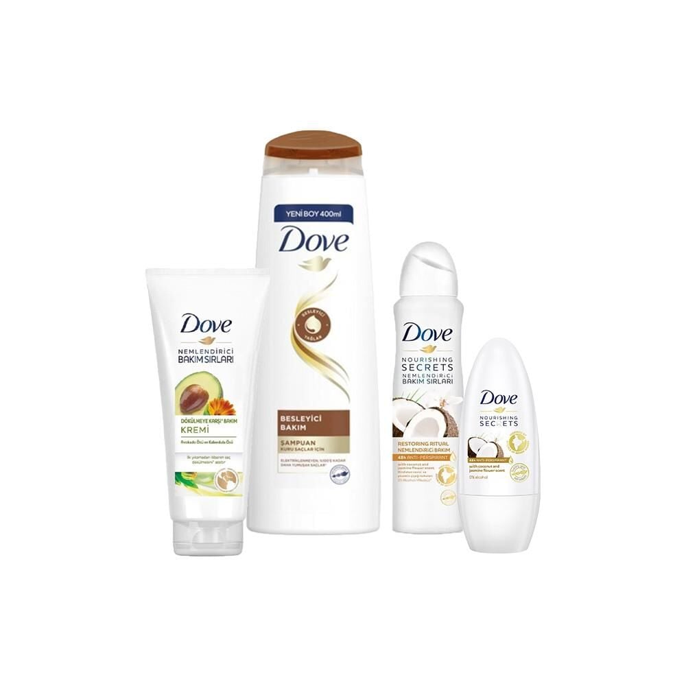 Dove Besleyici Bakım Şampuan, Nemlendirici Saç Kremi, Hindistan Cevizi Roll-On ve Sprey Deodorant