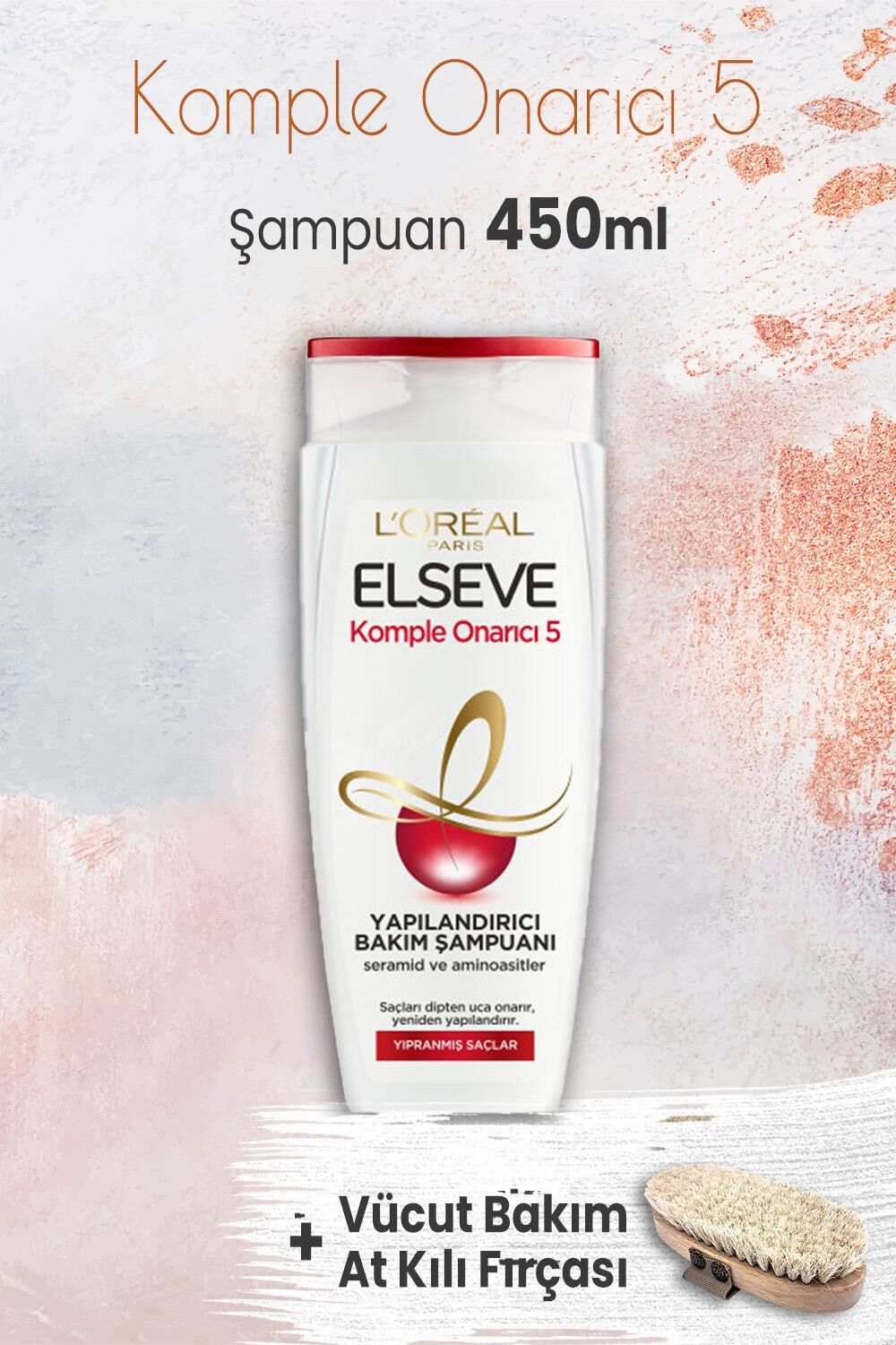 Elseve Komple Onarıcı 5 Yapılandırıcı Şampuan 450 ml ve Vücut Bakım At Kılı Fırçası