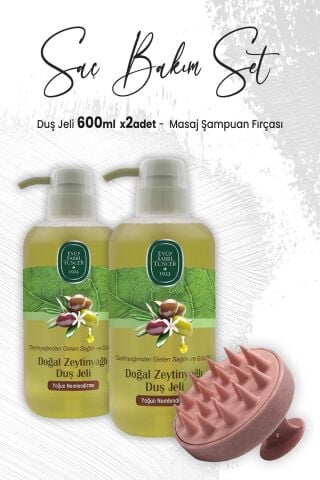 Eyüp Sabri Tuncer Zeytinyağlı Duş Jeli 600 ml x 2 Adet ve Masaj Şampuan Fırçası Pembe