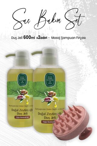 Eyüp Sabri Tuncer Zeytinyağlı Duş Jeli 600 ml x 2 Adet ve Masaj Şampuan Fırçası Pembe