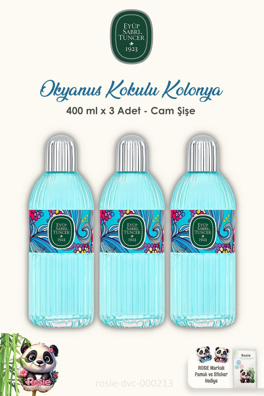 3 Adet Eyüp Sabri Tuncer Okyanus Kolonyası Cam Şişe 400 ml ve 60'lı ROSIE Pamuk