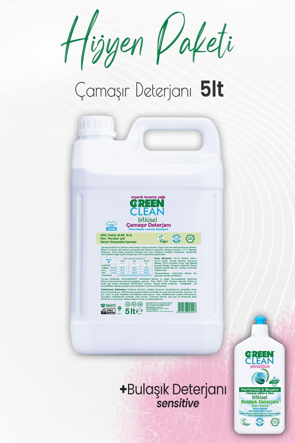 Green Clean Çamaşır Deterjanı Lavanta 5 lt ve Sensitive Bulaşık Deterjanı 500 ml