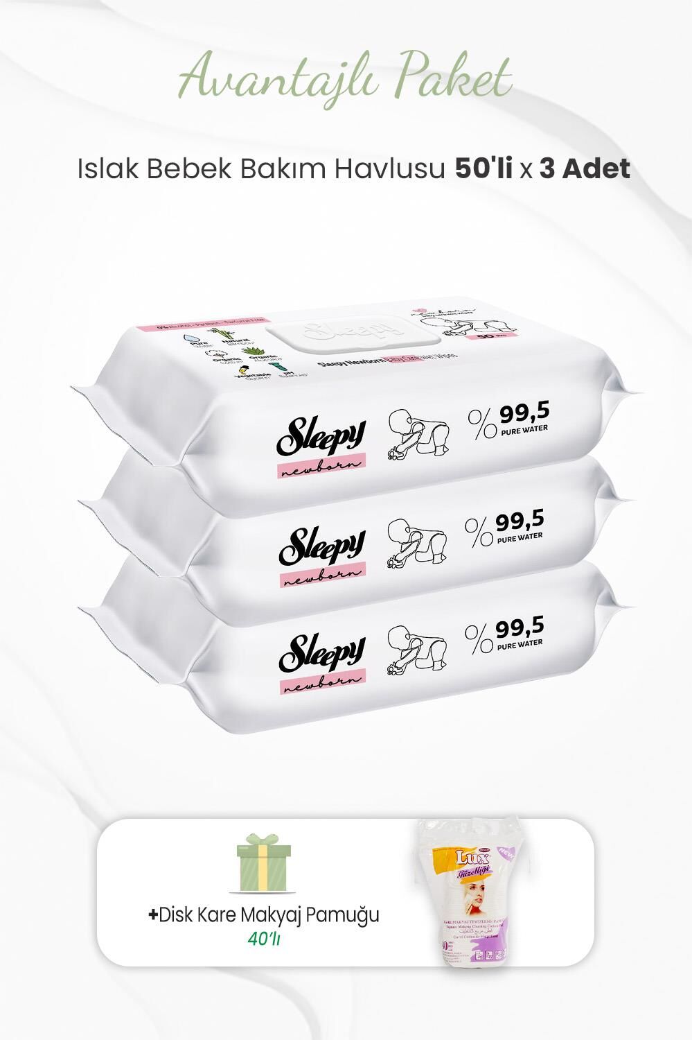 Sleepy 50'li Yenidoğan Bebek Bakım Havlusu x 3 Adet ve Makyaj Pamuğu 40'lı