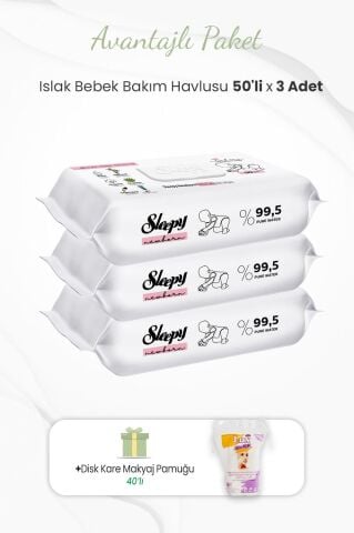 Sleepy 50'li Yenidoğan Bebek Bakım Havlusu x 3 Adet ve Makyaj Pamuğu 40'lı