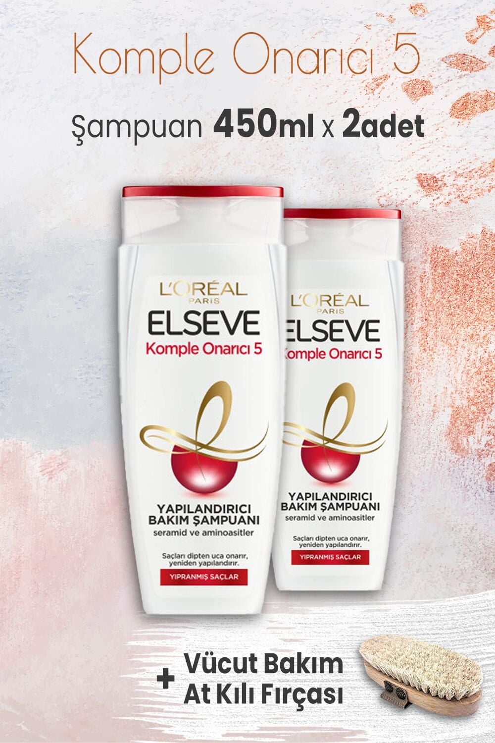 Elseve Komple Onarıcı 5 Şampuan 450 ml x 2 Adet ve Vücut Bakım At Kılı Fırçası