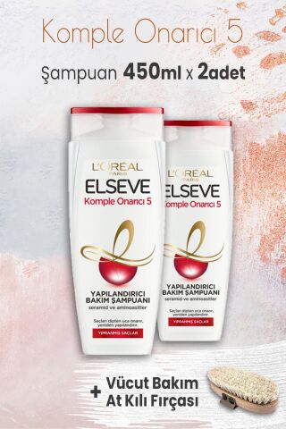 Elseve Komple Onarıcı 5 Şampuan 450 ml x 2 Adet ve Vücut Bakım At Kılı Fırçası