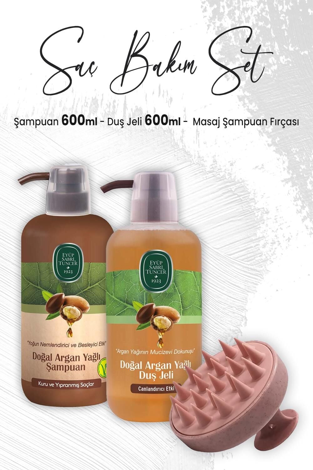 Eyüp Sabri Tuncer Argan Yağlı Duş Jeli 600 ml, Şampuan 600 ml ve Masaj Şampuan Fırçası Pembe
