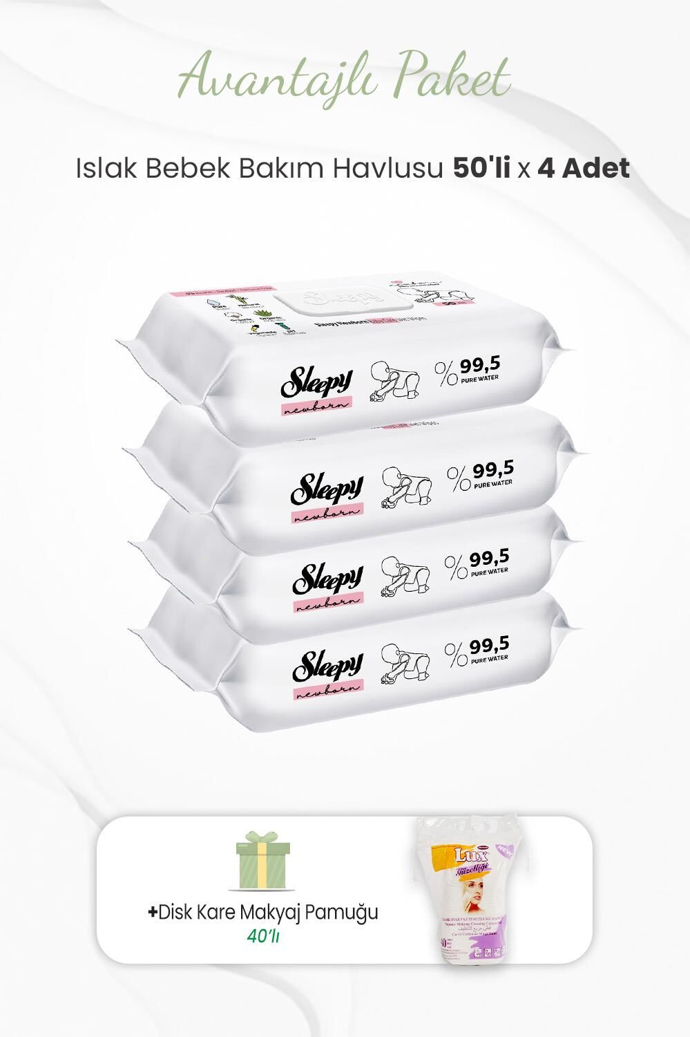 Sleepy 50'li Yenidoğan Bebek Bakım Havlusu x 4 Adet ve Kare Makyaj Pamuğu 40'lı