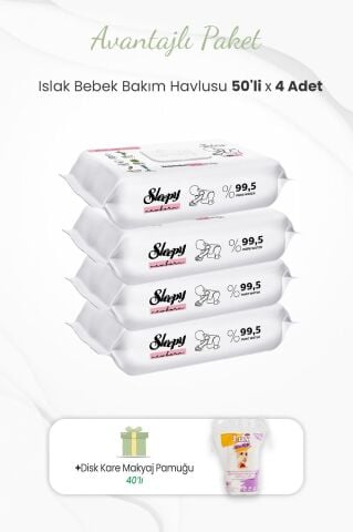 Sleepy 50'li Yenidoğan Bebek Bakım Havlusu x 4 Adet ve Kare Makyaj Pamuğu 40'lı