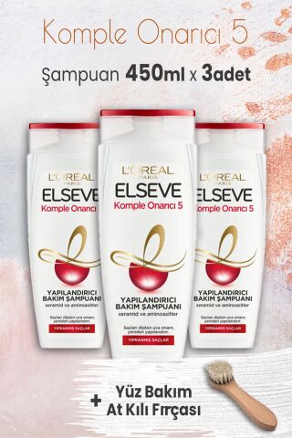 Elseve Komple Onarıcı 5 Şampuan 450 ml x 3 Adet ve Yüz Bakım At Kılı Fırçası
