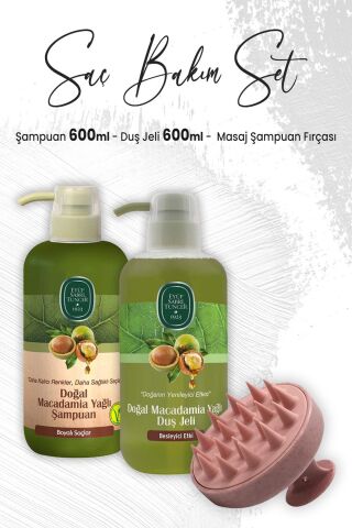 Eyüp Sabri Tuncer Macadamia Yağlı Duş Jeli 600 ml, Şampuan 600 ml ve Masaj Şampuan Fırçası Pembe