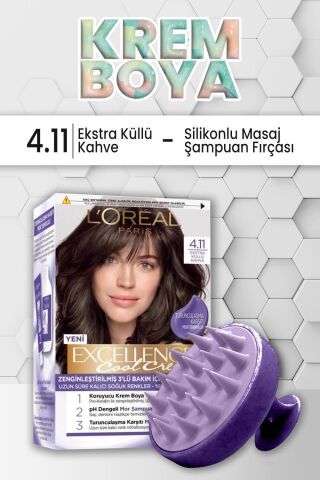 Loreal Paris Excellence Cool Saç Boyası 4.11 Ekstra Küllü Kahve ve Şampuan Fırçası Mor