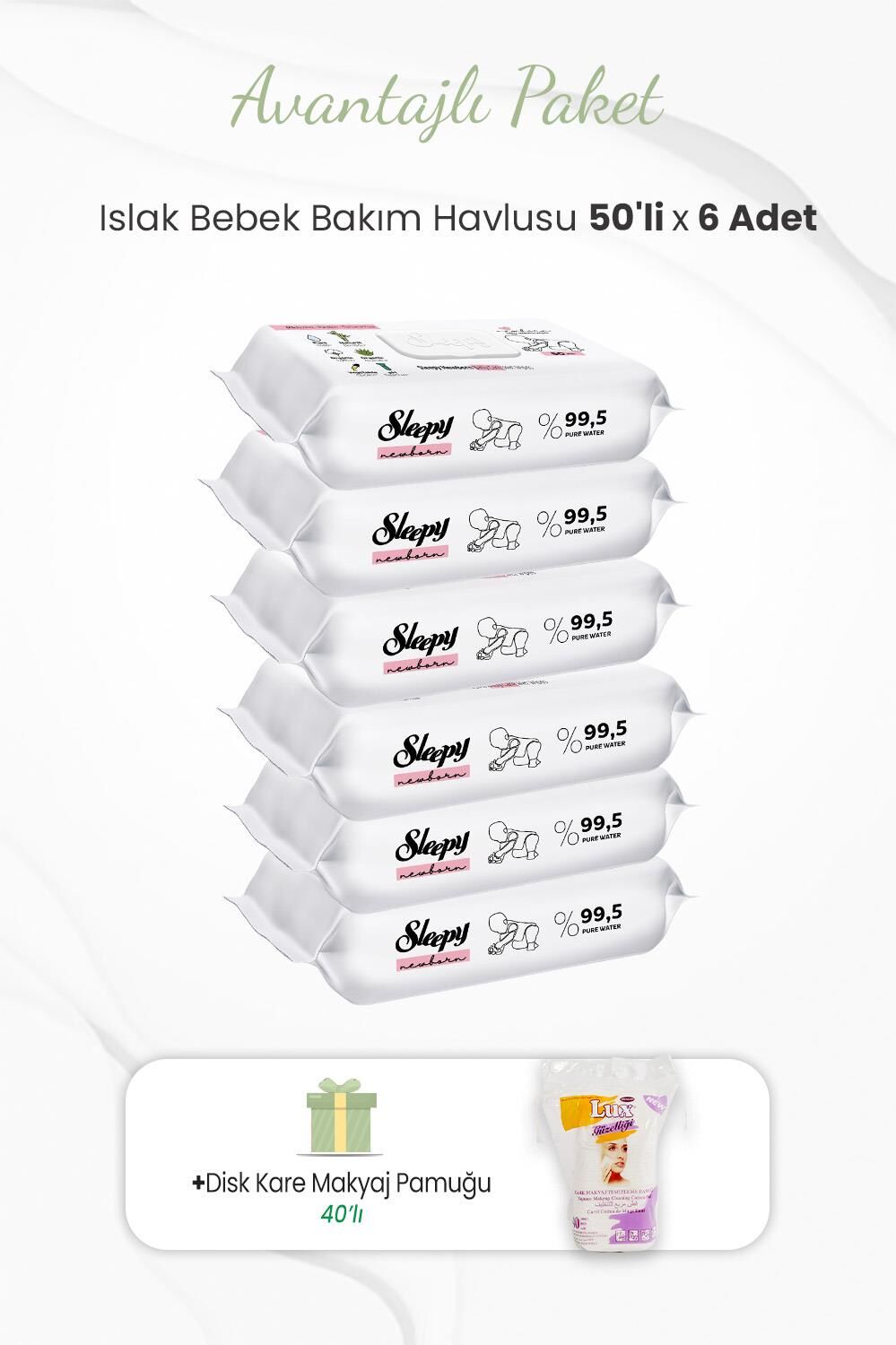 Sleepy 50'li Yenidoğan Bakım Havlusu x 6 Adet ve Makyaj Pamuğu 40'lı
