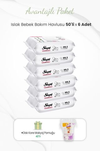 Sleepy 50'li Yenidoğan Bakım Havlusu x 6 Adet ve Makyaj Pamuğu 40'lı