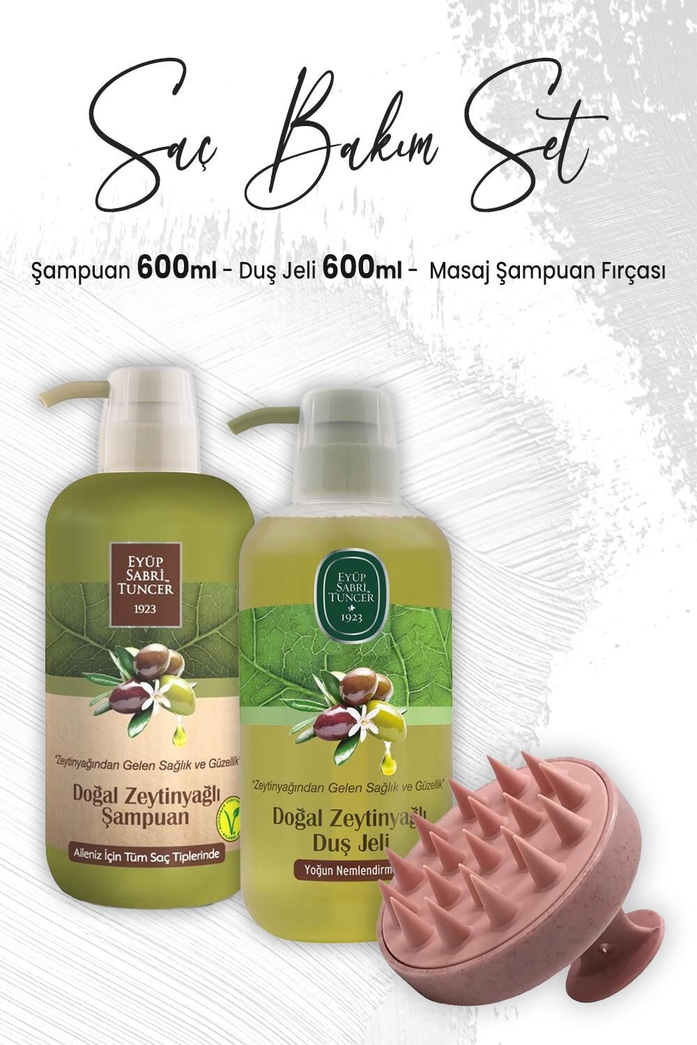 Eyüp Sabri Tuncer Zeytinyağlı Duş Jeli 600 ml, Şampuan 600 ml ve Masaj Şampuan Fırçası Pembe