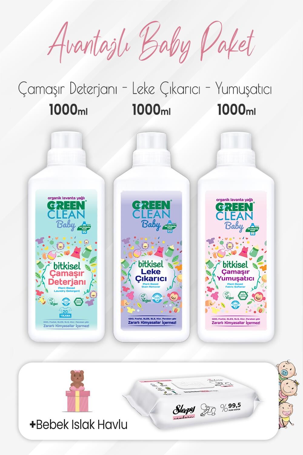 Green Clean Baby Yumuşatıcı, Leke Çıkarıcı, Deterjan 1 lt ve Yenidoğan Devam Bebek Havlu 50'li