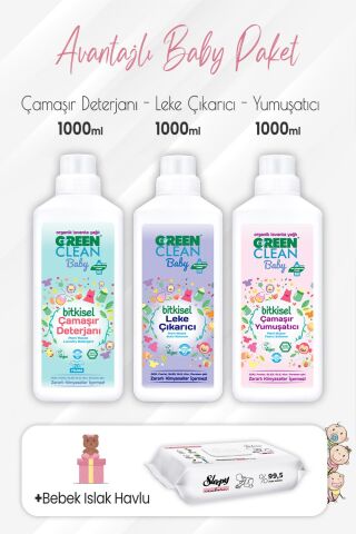 Green Clean Baby Yumuşatıcı, Leke Çıkarıcı, Deterjan 1 lt ve Yenidoğan Devam Bebek Havlu 50'li