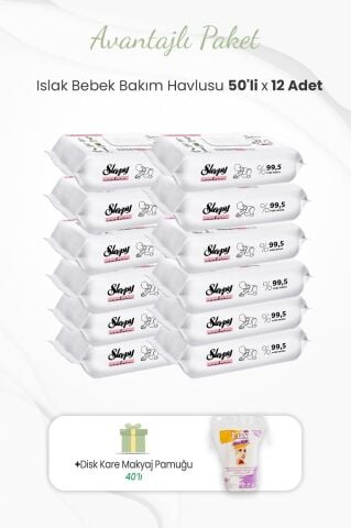 Sleepy 50'li Yenidoğan Bakım Havlusu x 12 Adet ve Kare Makyaj Pamuğu 40'lı