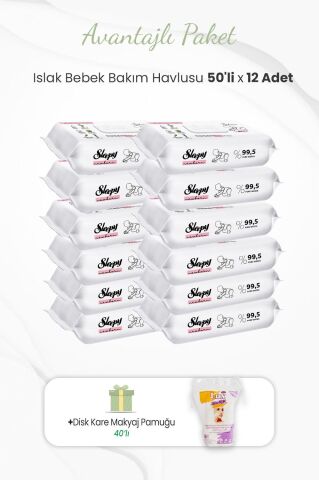 Sleepy 50'li Yenidoğan Bakım Havlusu x 12 Adet ve Kare Makyaj Pamuğu 40'lı