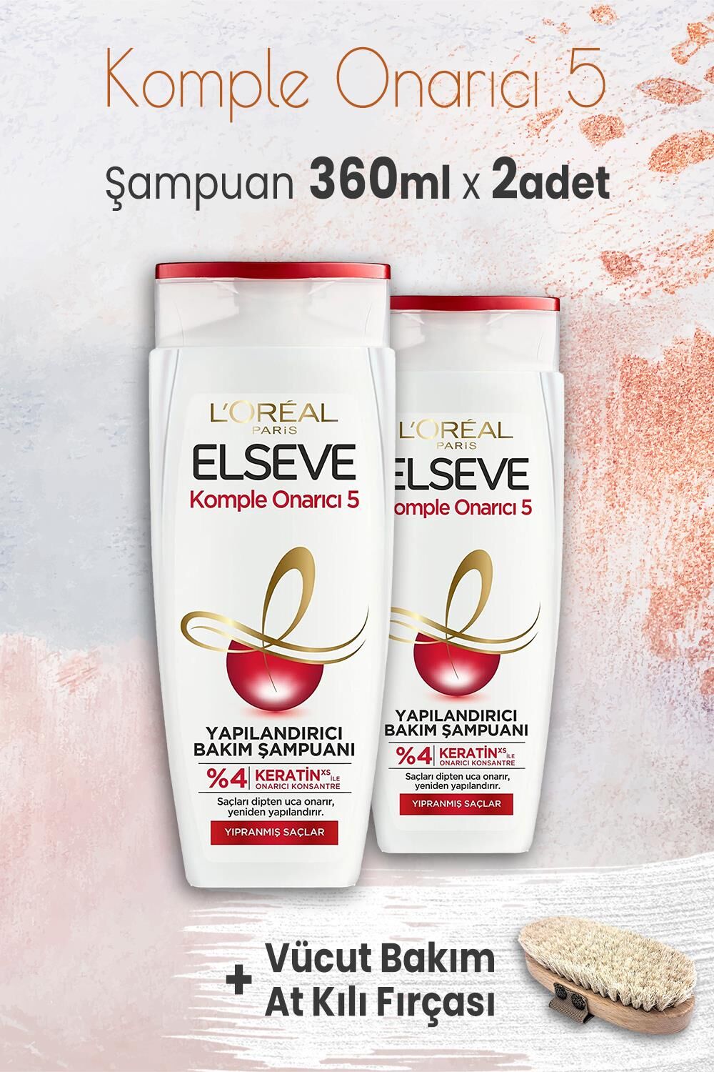 Elseve Komple Onarıcı 5 Şampuan 360 ml x 2 Adet ve Vücut Bakım At Kılı Fırçası