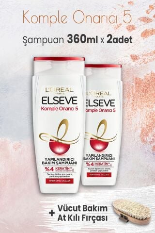 Elseve Komple Onarıcı 5 Şampuan 360 ml x 2 Adet ve Vücut Bakım At Kılı Fırçası