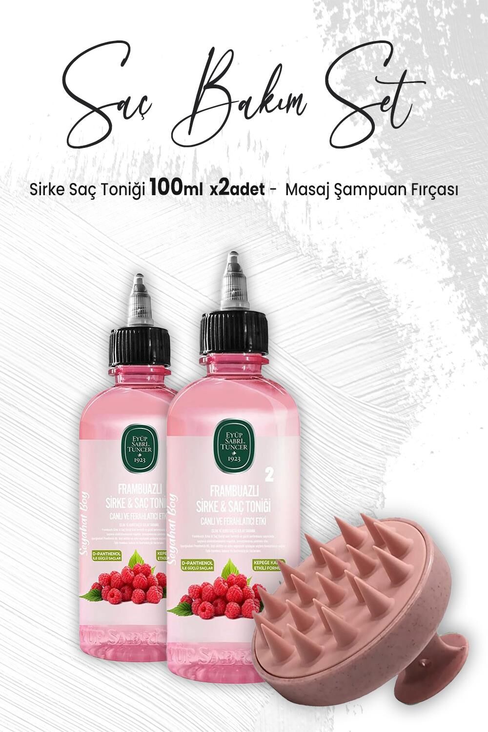 Eyüp Sabri Tuncer Sirke Saç Toniği Frambuazlı 100 ml x 2 Adet ve Masaj Şampuan Fırçası Pembe