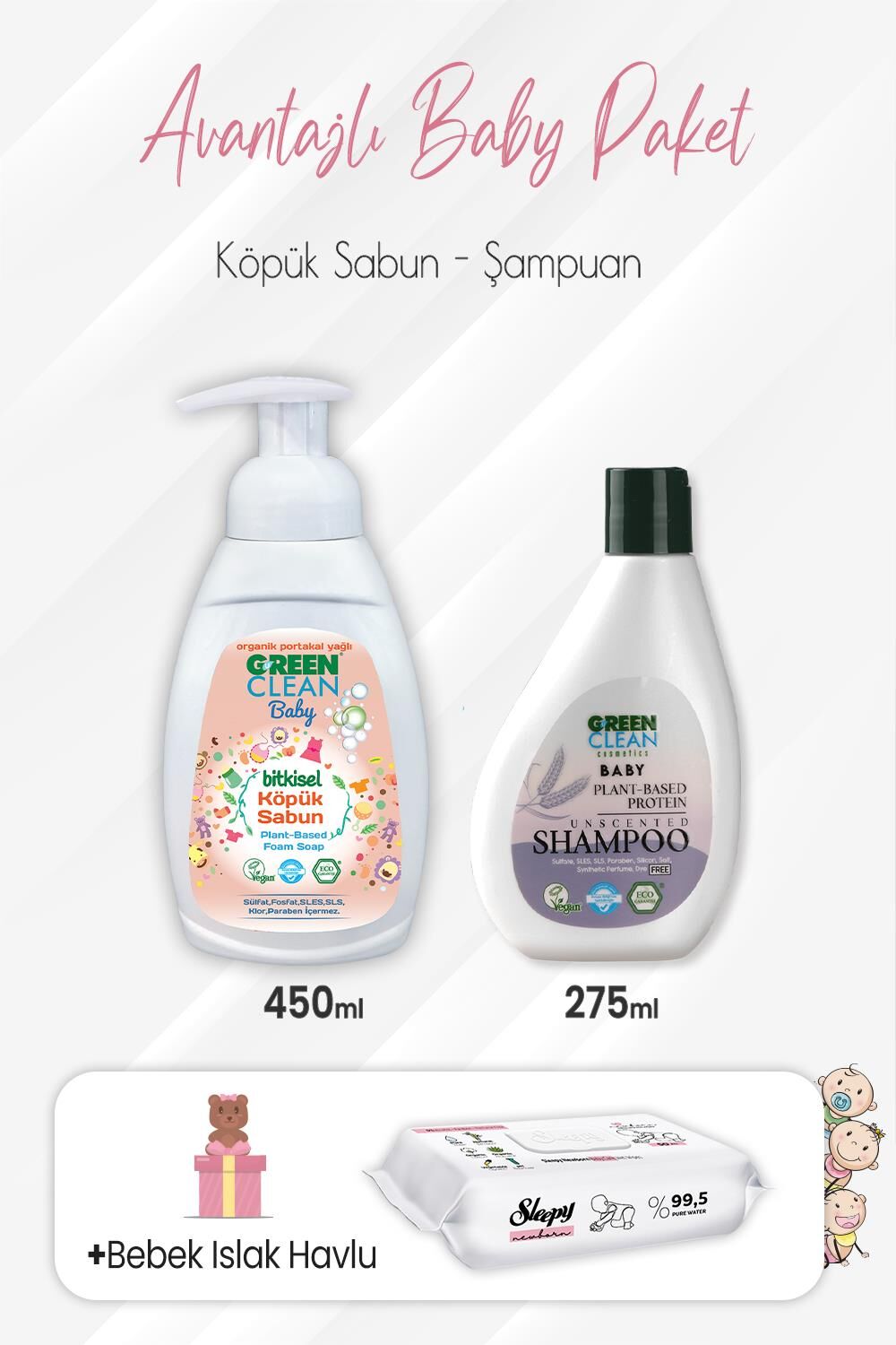 Green Clean Baby Köpük Sabun 450 ml ve Şampuan 275 ml ve Yenidoğan Devam 50'li