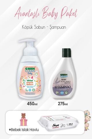 Green Clean Baby Köpük Sabun 450 ml ve Şampuan 275 ml ve Yenidoğan Devam 50'li